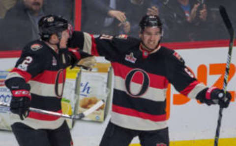 Feb 9, 2017; Ottawa, Ontario, CAN; Ottawa Senators right wing Mark Stone (61) celebrates his goal in the third period against the Dallas Stars at the Canadian Tire Centre. The Senators defeated the Stars 3-2. Mandatory Credit: Marc DesRosiers-USA TODAY Sports