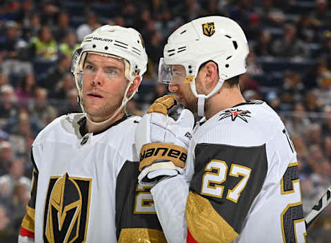 BUFFALO, NY – JANUARY 14: Shea Theodore #27 of the Vegas Golden Knights talks with Paul Stastny #26 before a face-off against the Buffalo Sabres during an NHL game on January 14, 2020 at KeyBank Center in Buffalo, New York. (Photo by Joe Hrycych/NHLI via Getty Images)