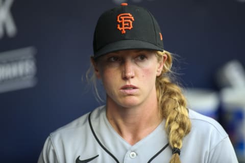 Aug 28, 2021; Atlanta, Georgia, USA; San Francisco Giants major league assistant coach Alyssa Nakken (92) prepares for a game against the Atlanta Braves at Truist Park. Mandatory Credit: Brett Davis-USA TODAY Sports