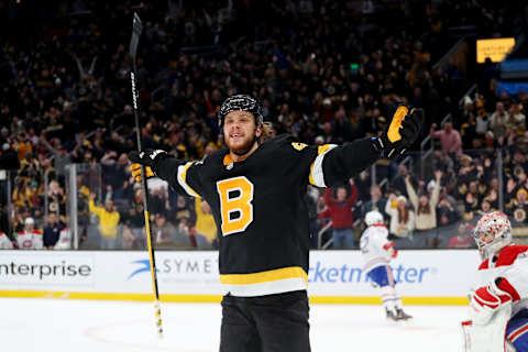 BOSTON, MASSACHUSETTS – DECEMBER 01: David Pastrnak, #88 of the Boston Bruins, celebrates after scoring a goal against the Montreal Canadiens during the third period at TD Garden on December 01, 2019, in Boston, Massachusetts. The Bruins defeat the Canadiens 3-1. (Photo by Maddie Meyer/Getty Images)