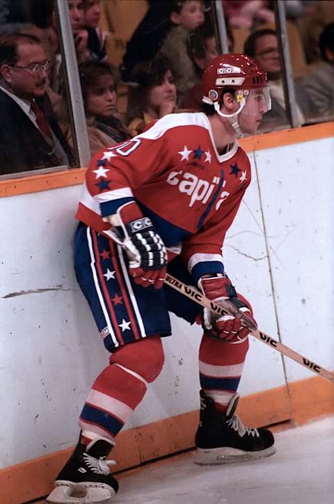 TORONTO, CANADA – OCTOBER 1984: Bobby Carpenter #10 of the Washington Capitals controls the puck against the Toronto Maple Leafs during preseason action in October 1984 at Maple Leaf Gardens in Toronto, Ontario Canada. (Photo by Graig Abel Collection/Getty Images)