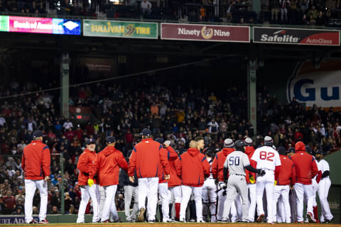 BOSTON, MA – APRIL 11: Benches clear after an argument between Tyler Austin