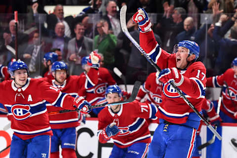 MONTREAL, QC – FEBRUARY 08: Ilya Kovalchuk #17 of the Montreal Canadiens celebrates his overtime goal against the Toronto Maple Leafs at the Bell Centre on February 8, 2020 in Montreal, Canada. The Montreal Canadiens defeated the Toronto Maple Leafs 2-1 in overtime. (Photo by Minas Panagiotakis/Getty Images)