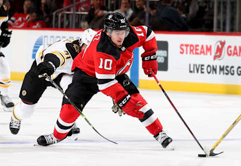 Alexander Holtz #10 of the New Jersey Devils. (Photo by Elsa/Getty Images)