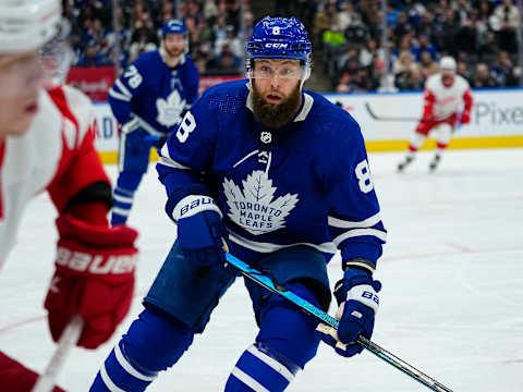 Apr 26, 2022; Toronto, Ontario, CAN; Toronto Maple Leafs defenseman Jake Muzzin (8) is sure going to be missed this year. Mandatory Credit: John E. Sokolowski-USA TODAY Sports