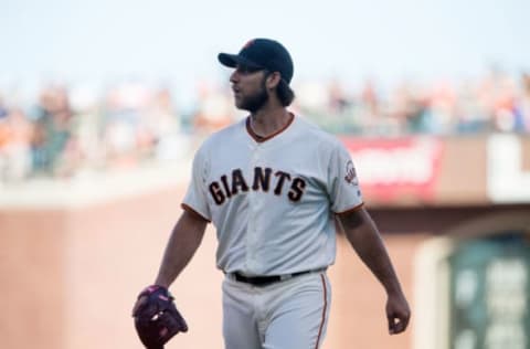 Jul 10, 2016; San Francisco, CA, USA; San Francisco Giants starting pitcher Madison Bumgarner (40) reacts after striking out a Arizona Diamondbacks batter to end the top of the fourth inning at AT&T Park. Mandatory Credit: Kelley L Cox-USA TODAY Sports