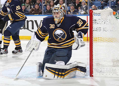 BUFFALO, NY – FEBRUARY 05: Ryan Miler #30 of the Buffalo Sabres defends the net against the Pittsburgh Penguins at First Niagara Center on February 5, 2014 in Buffalo, New York. (Photo by Sean Rudyk/Getty Images)