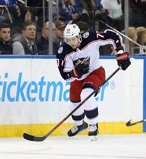 NEW YORK, NEW YORK – DECEMBER 27: Josh Anderson #77 of the Columbus Blue Jackets skates against the New York Rangers at Madison Square Garden on December 27, 2018 in New York City. The Blue Jackets defeated the Rangers 3-2 in overtime. (Photo by Bruce Bennett/Getty Images)