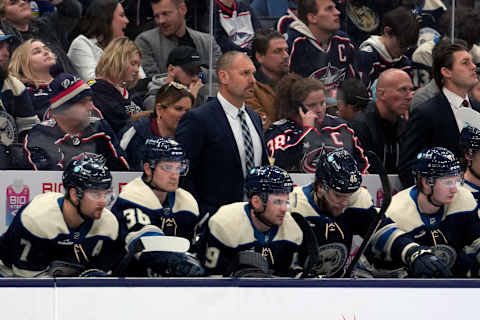 COLUMBUS, OHIO – APRIL 01: Columbus Blue Jackets head coach Brad Larsen looks on during the second period against the Florida Panthers at Nationwide Arena on April 01, 2023 in Columbus, Ohio. (Photo by Jason Mowry/Getty Images)