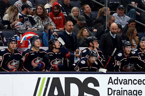 COLUMBUS, OH – DECEMBER 07: Head coach Brad Larsen of the Columbus Blue Jackets stands on the bench during the game against the Buffalo Sabres at Nationwide Arena on December 7, 2022 in Columbus, Ohio. (Photo by Kirk Irwin/Getty Images)