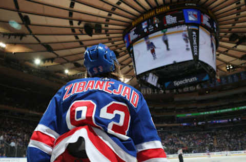 NEW YORK, NY – APRIL 03: Mika Zibanejad #93 of the New York Rangers looks on against the Ottawa Senators at Madison Square Garden on April 3, 2019 in New York City. (Photo by Jared Silber/NHLI via Getty Images)