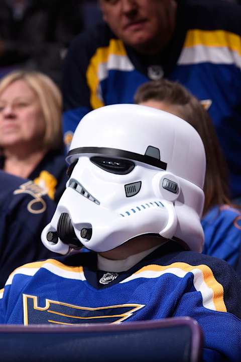 ST. LOUIS, MO – MARCH 10: A St. Louis Blues fan dons a Stormtrooper helmet Star Wars Night for a game between the St. Louis Blues and the Winnipeg Jets on March 10, 2015 at Scottrade Center in St. Louis, Missouri. (Photo by Scott Rovak/NHLI via Getty Images)