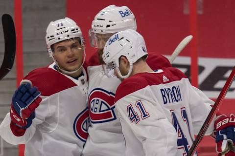 Feb 23, 2021; Ottawa, Ontario, CAN; Montreal Canadiens Jake Evans (71) and Paul Byron Mandatory Credit: Marc DesRosiers-USA TODAY Sports