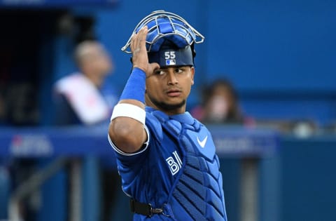 Jun 28, 2022; Toronto, Ontario, CAN; Toronto Blue Jays catcher Gabriel Moreno (55) adjusts his mask as he waits for play to resume against the Boston Red Sox in the fourth inning at Rogers Centre. Mandatory Credit: Dan Hamilton-USA TODAY Sports