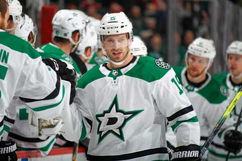 SAINT PAUL, MN – DECEMBER 1: Blake Comeau #15 of the Dallas Stars celebrates after scoring a goal against the Minnesota Wild during the game at the Xcel Energy Center on December 1, 2019 in Saint Paul, Minnesota. (Photo by Bruce Kluckhohn/NHLI via Getty Images)