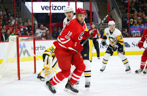 NHL Power Rankings: Carolina Hurricanes forward Jay McClement (18) watches the play against the Pittsburgh Penguins at PNC Arena. The Pittsburgh Penguins defeated the Carolina Hurricanes 7-1. Mandatory Credit: James Guillory-USA TODAY Sports