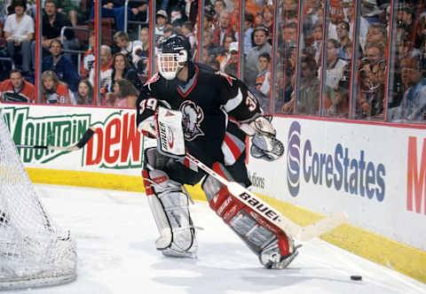 Unknown Date, 1998; Buffalo, NY, USA; FILE PHOTO; Buffalo Sabres goalie Dominik Hasek (39) in action against the Philadelphia Flyers at Marine Midland Arena. Mandatory Credit: Lou Capozzola-USA TODAY NETWORK