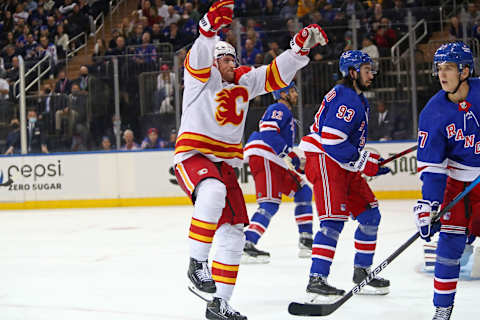 Oct 25, 2021; New York, New York, USA; Calgary Flames center Blake Coleman (20) celebrates after scoring a goal against the New York Rangers during the third period at Madison Square Garden. Mandatory Credit: Danny Wild-USA TODAY Sports