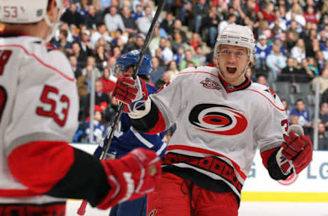 Jussi Jokinen,  Carolina Hurricanes, Jeff Skinner(Photo by Claus Andersen/Getty Images)