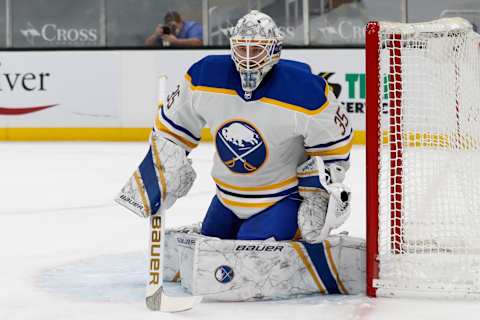 Mar 27, 2021; Boston, Massachusetts, USA; Buffalo Sabres goaltender Michael Houser (35) during the first period against the Boston Bruins at TD Garden. Mandatory Credit: Winslow Townson-USA TODAY Sports