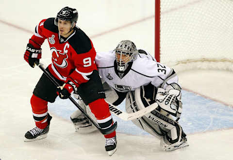 Zach Parise screens Jonathan Quick as a member of the New Jersey Devils. (Photo by Paul Bereswill/Getty Images)