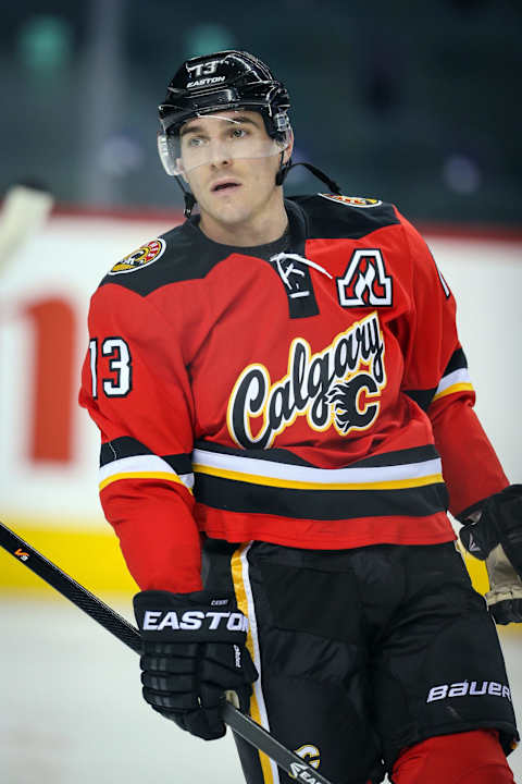 Mar 5, 2014; Calgary, Alberta, CAN; Calgary Flames left wing Mike Cammalleri (13) skates during the warmup period against the Ottawa Senators at Scotiabank Saddledome. Mandatory Credit: Sergei Belski-USA TODAY Sports