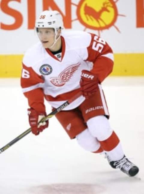 Nov 6, 2015; Toronto, Ontario, CAN; Detroit Red Wings left wing Teemu Pulkkinen (56) warms up before playing against the Toronto Maple Leafs at Air Canada Centre. Mandatory Credit: Tom Szczerbowski-USA TODAY Sports