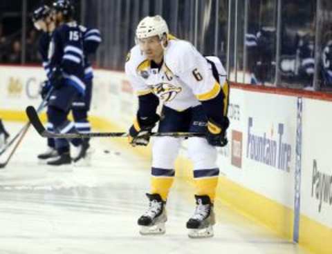 Jan 21, 2016; Winnipeg, Manitoba, CAN; Nashville Predators defenseman Shea Weber (6) prior to the game against the Winnipeg Jets at MTS Centre. Mandatory Credit: Bruce Fedyck-USA TODAY Sports