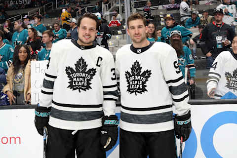 Auston Matthews #34 and John Tavares #91 of the Toronto Maple Leafs   (Photo by Bruce Bennett/Getty Images)