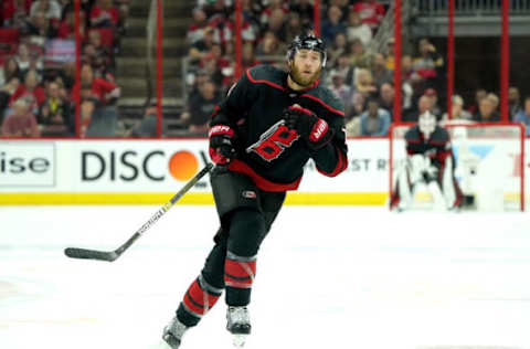 RALEIGH, NC – MAY 16: Jaccob Slavin #74 of the Carolina Hurricanes skates for position on the ice in Game Four of the Eastern Conference Third Round against the Boston Bruins during the 2019 NHL Stanley Cup Playoffs on May 16, 2019 at PNC Arena in Raleigh, North Carolina. (Photo by Gregg Forwerck/NHLI via Getty Images)