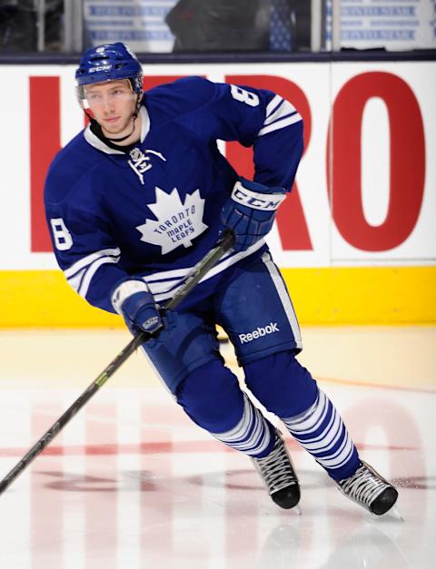 TORONTO, ON – JANUARY 29: Petter Granberg #39 of the Toronto Maple Leafs skates during warm up prior to NHL game action against the Arizona Coyotes January 29, 2015 at the Air Canada Centre in Toronto, Ontario, Canada. (Photo by Graig Abel/NHLI via Getty Images)