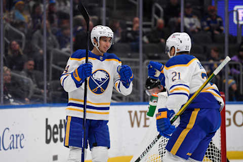 Feb 25, 2022; St. Louis, Missouri, USA; Buffalo Sabres center Dylan Cozens (24) is congradulated by right wing Kyle Okposo (21) after scoring a goal against the St. Louis Blues during the first period at Enterprise Center. Mandatory Credit: Jeff Le-USA TODAY Sports