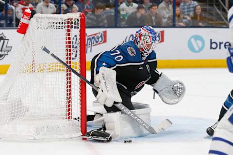 Joonas Korpisalo has the best trade value amongst Jacket goaltenders because his play and contract situation make him attractive to other teams. Mandatory Credit: Russell LaBounty-USA TODAY Sports