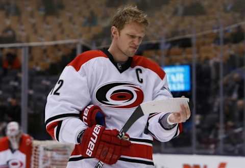 Carolina Hurricanes forward Eric Staal (12) checks his stick during the pre game warm up. Mandatory Credit: John E. Sokolowski-USA TODAY Sports