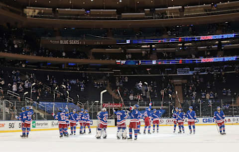 The New York Rangers celebrate their 6-2 victory over the Boston Bruins at Madison Square Garden. Credit: POOL PHOTOS-USA TODAY Sports