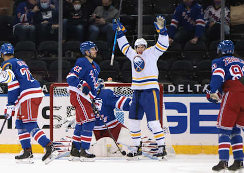 Dylan Cozens #24 of the Buffalo Sabres celebrates a second period goal (Photo by Bruce Bennett/Getty Images)