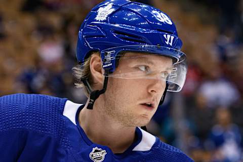 TORONTO, ON - SEPTEMBER 25: Toronto Maple Leafs defenceman Rasmus Sandin (38) reacts during warm-up before the NHL Preseason game between the Montreal Canadiens and the Toronto Maple Leafs on September 25, 2019, at Scotiabank Arena in Toronto, ON, Canada. (Photo by Julian Avram/Icon Sportswire via Getty Images)