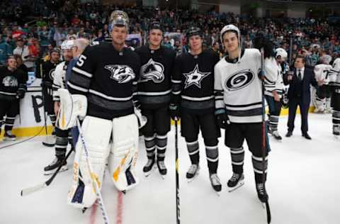 SAN JOSE, CA – JANUARY 26: Pekka Rinne #35 of the Nashville Predators, Mikko Rantanen #96 of the Colorado Avalanche Miro Heiskanen #4 of the Dallas Stars and Sebastian Aho #20 of the Carolina Hurricanes pose following the 2019 Honda NHL All-Star Game at SAP Center on January 26, 2019 in San Jose, California. (Photo by Bruce Bennett/Getty Images)