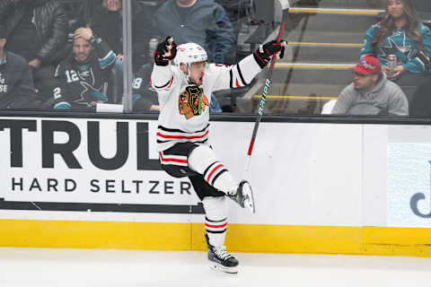 Chicago Blackhawks center Max Domi reacts after scoring a goal against the San Jose Sharks during the third period at SAP Center in San Jose. (Darren Yamashita-USA TODAY Sports)