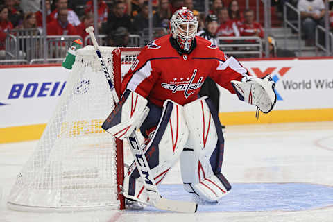 WASHINGTON, DC – SEPTEMBER 18: Goalie Ilya Samsonov #30 of the Washington Capitals tends the net against the Boston Bruins during the third period of a preseason NHL game at Capital One Arena on September 18, 2018 in Washington, DC. (Photo by Patrick Smith/Getty Images)