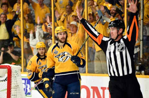 Jun 11, 2017; Nashville, TN, USA; Nashville Predators center Filip Forsberg (9) reacts as the officials rule that a goal was disallowed due to the whistle having blown during the second period in game six of the 2017 Stanley Cup Final against the Pittsburgh Penguins at Bridgestone Arena. Mandatory Credit: Christopher Hanewinckel-USA TODAY Sports