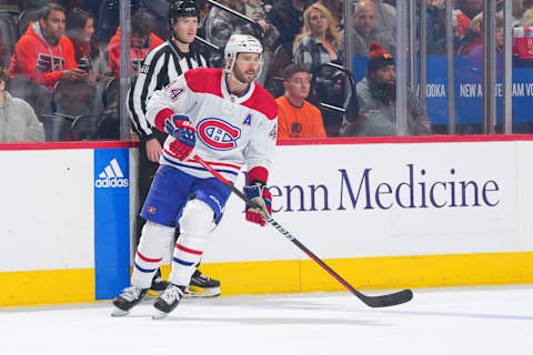 PHILADELPHIA, PA – MARCH 28: Joel Edmundson #44 of the Montreal Canadiens skates against the Philadelphia Flyers at the Wells Fargo Center on March 28, 2023 in Philadelphia, Pennsylvania. (Photo by Mitchell Leff/Getty Images)