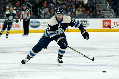 COLUMBUS, OH – NOVEMBER 19: Ryan Murray #27 of the Columbus Blue Jackets skates after the puck during the game against the Montreal Canadiens on November 19, 2019 at Nationwide Arena in Columbus, Ohio. (Photo by Kirk Irwin/Getty Images)