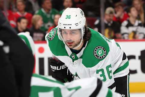 CHICAGO, IL – FEBRUARY 24: Mats Zuccarello #36 of the Dallas Stars waits for the puck-drop in the first period against the Chicago Blackhawks at the United Center on February 24, 2019 in Chicago, Illinois. (Photo by Chase Agnello-Dean/NHLI via Getty Images)