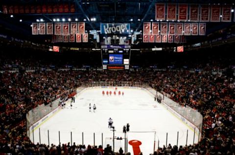 Feb 15, 2017; Detroit, MI, USA; Fans and players stand for a moment of silence prior to the game between the Detroit Red Wings and the St. Louis Blues at Joe Louis Arena. Detroit Red Wings owner Mike Ilitch passed away February 10, 2017. Mandatory Credit: Rick Osentoski-USA TODAY Sports