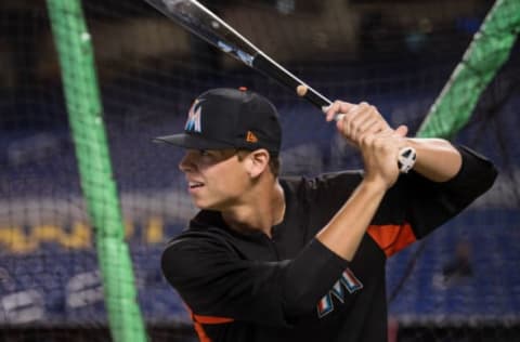 MIAMI, FL – JUNE 8: Miami Marlins’ 2018 first round draft pick Connor Scott takes batting practice before the game between the Miami Marlins and the San Diego Padres at Marlins Park on June 8, 2018 in Miami, Florida. (Photo by Rob Foldy/Miami Marlins via Getty Images)