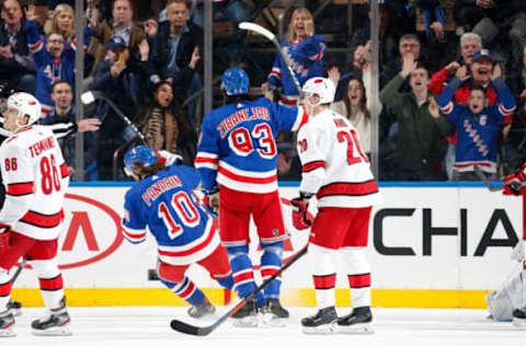 NEW YORK, NY – DECEMBER 27: Mika Zibanejad #93 of the New York Rangers reacts after scoring a goal in the second period against the Carolina Hurricanes at Madison Square Garden on December 27, 2019 in New York City. (Photo by Jared Silber/NHLI via Getty Images)