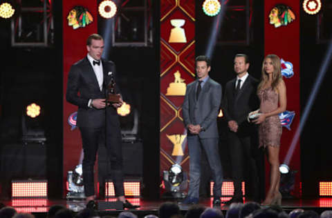 LAS VEGAS, NEVADA – JUNE 19: Andrei Vasilevskiy of the Tampa Bay Lightning accepts the Vezina Trophy awarded to the goalkeeper adjudged to be the best at his position as selected by NHL General Managers during the regular season during the 2019 NHL Awards at the Mandalay Bay Events Center on June 19, 2019 in Las Vegas, Nevada. (Photo by Dave Sandford/NHLI via Getty Images)