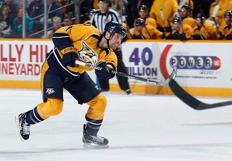 NASHVILLE, TN – MARCH 4: David Legwand #11 of the Nashville Predators skates against the Pittsburgh Penguins at Bridgestone Arena on March 4, 2014 in Nashville, Tennessee. (Photo by John Russell/NHLI via Getty Images)