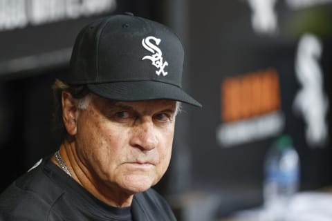 May 10, 2022; Chicago, Illinois, USA; Chicago White Sox manager Tony La Russa (22) looks on from dugout before a baseball game against the Cleveland Guardians at Guaranteed Rate Field. Mandatory Credit: Kamil Krzaczynski-USA TODAY Sports